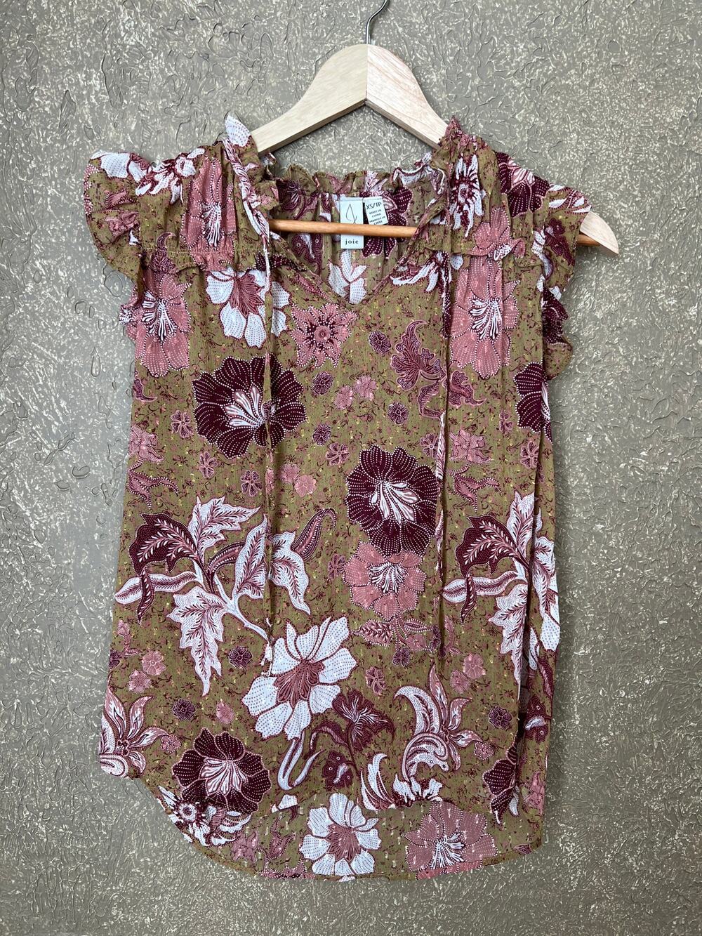 Joie Floral Ruffle Sleeve Blouse Textured Chiffon Boho Brown Pink White Size XS